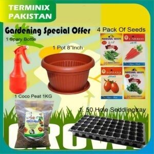 Gardening Special Offer Gardening From Beginning 1,Spray Bottle,One 8″inch Pot, 1 Coco Peat 1KG , 1 Seedling Tray 50 hole $ pack of seeds